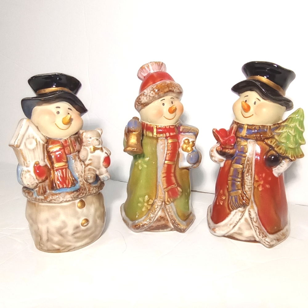 Beautiful Set Of 3 Glaze Ceramic Porcelain Christmas Snowman Figurines Size 6"